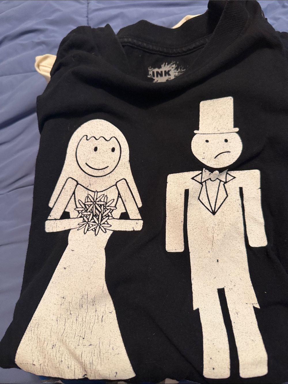 Men's Black Short Sleeve Graphic Tee with White Bride & Groom Print